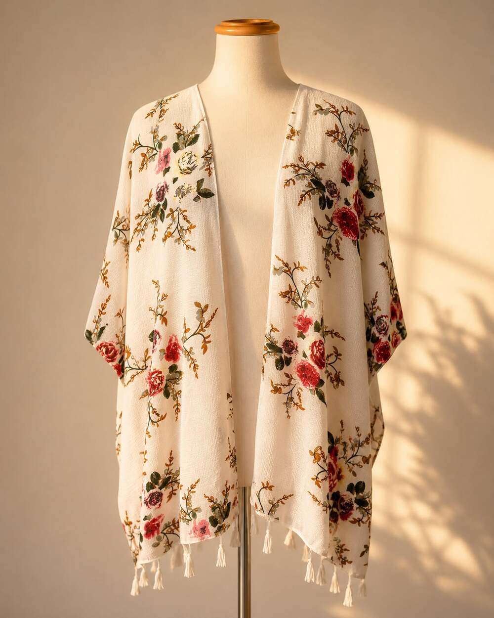 Boho Floral Kimono Cardigan Tassel Trim Open Front Beach Festival Ruana One Size